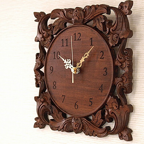 アジアン＆バリ雑貨】木製レリーフ掛け時計「ロータス」レーザー彫り